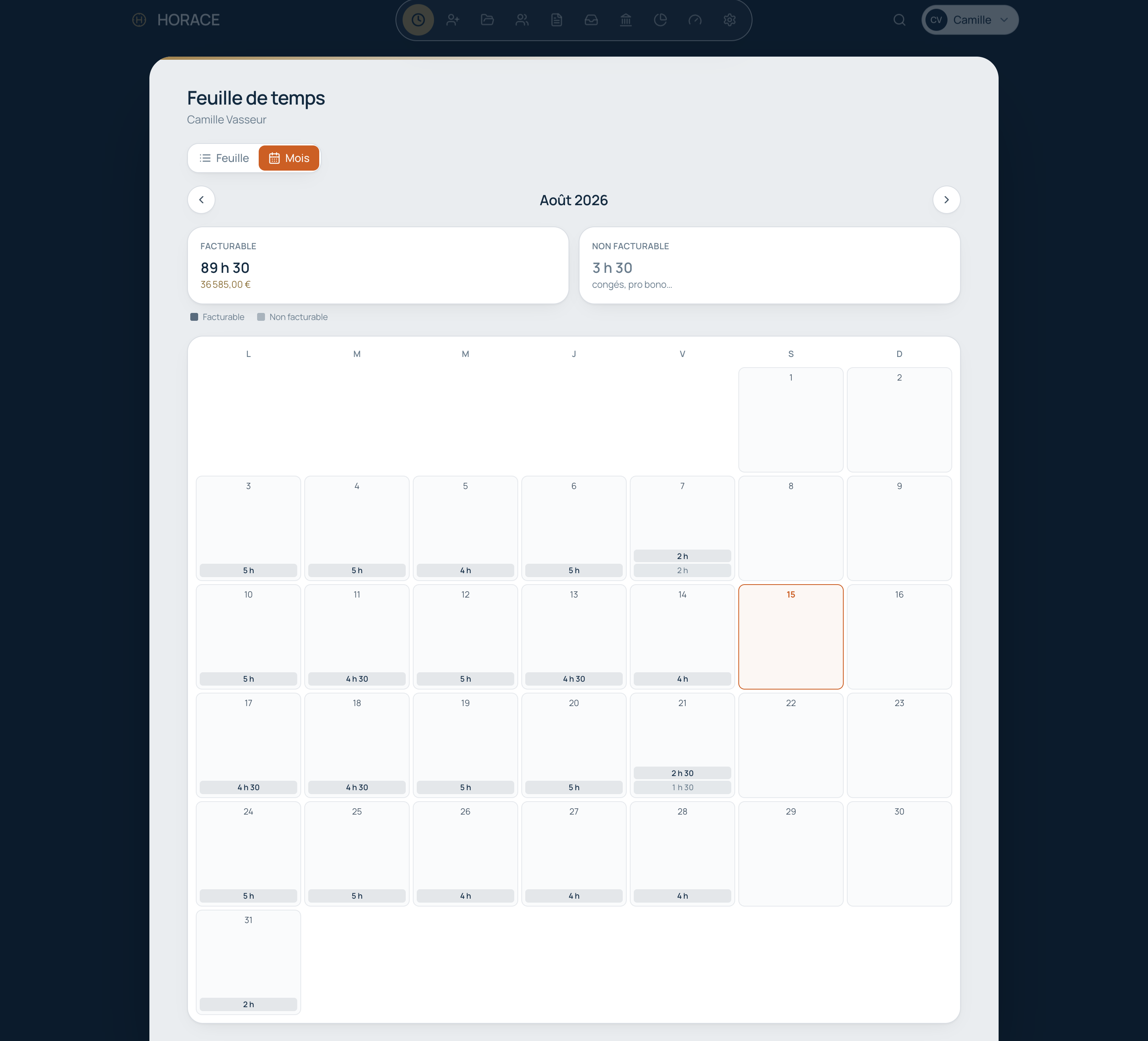 Vue calendrier d'Horace pour la saisie du temps d'un avocat, utilisable sur ordinateur comme sur téléphone.