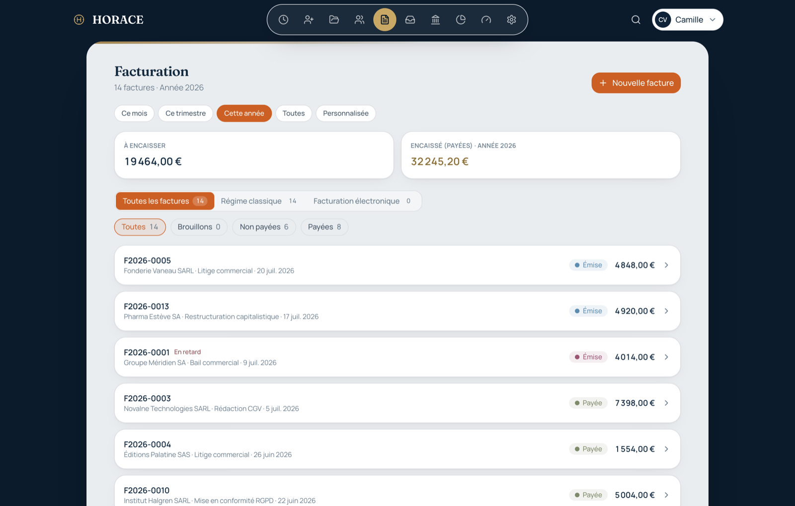 Module de facturation Horace : factures d'un cabinet d'avocats, émises et payées, avec statut.