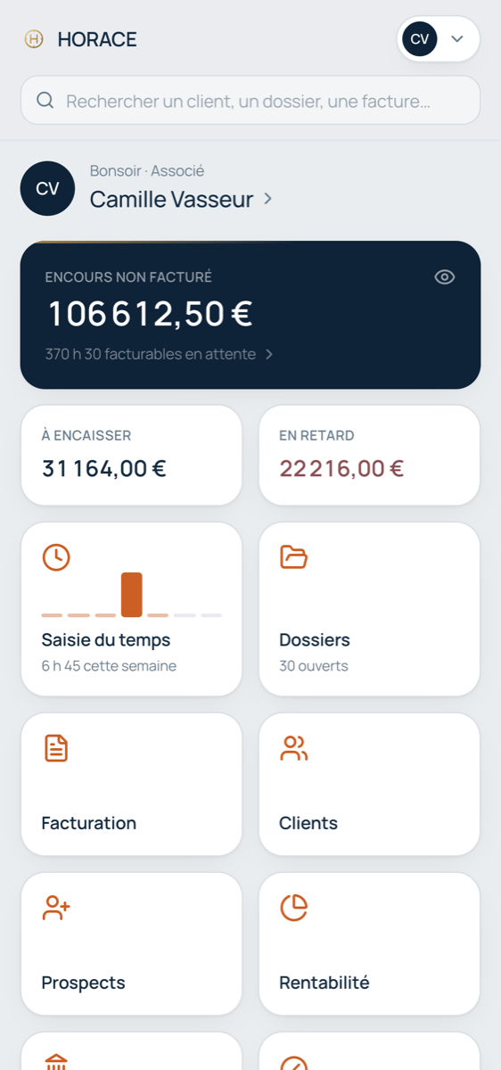 Horace sur téléphone : encours non facturé, saisie du temps, dossiers et facturation à portée de main.